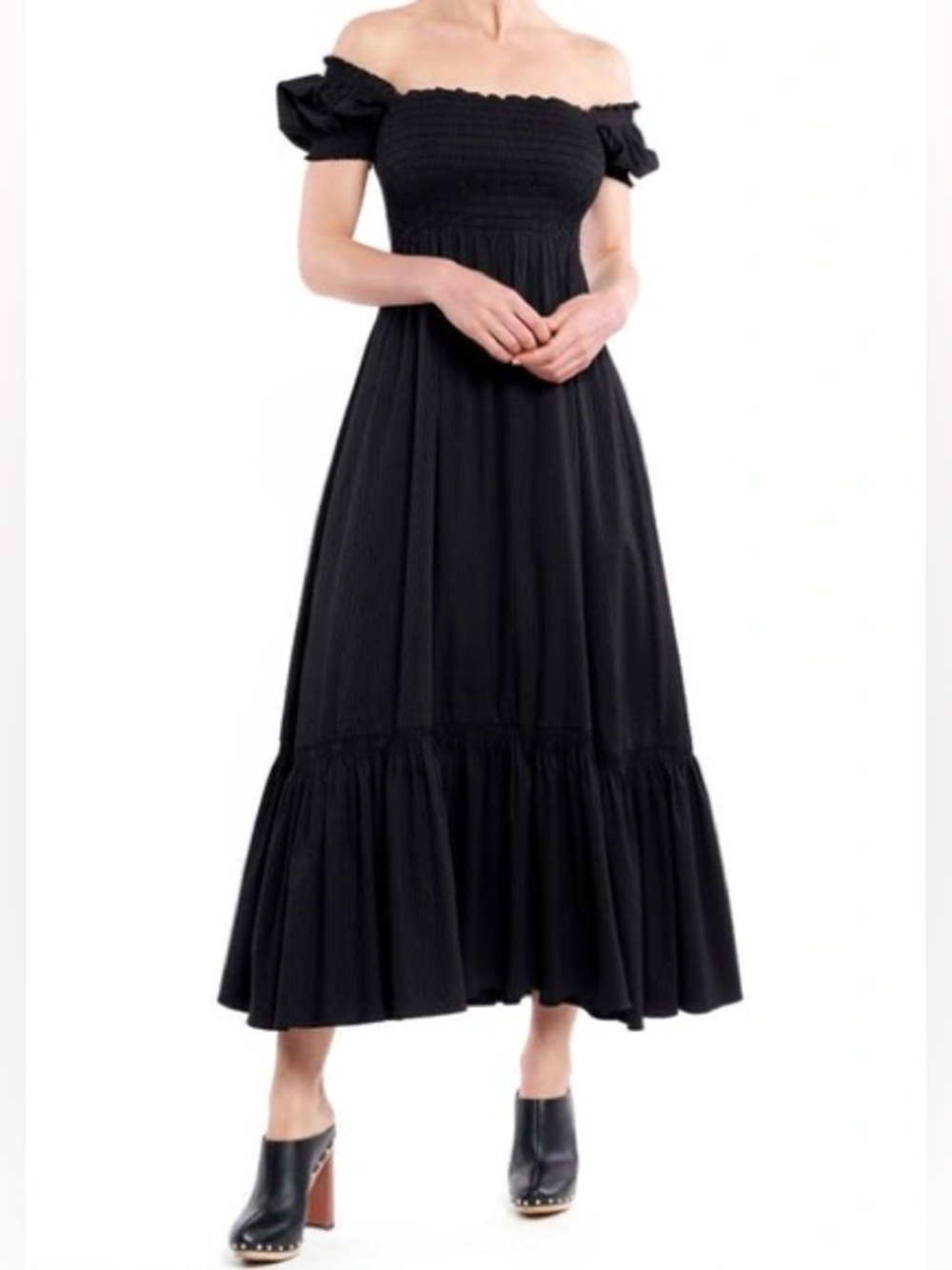 La Ligne Ariel Pinstripe Puff Sleeve Midi Dress